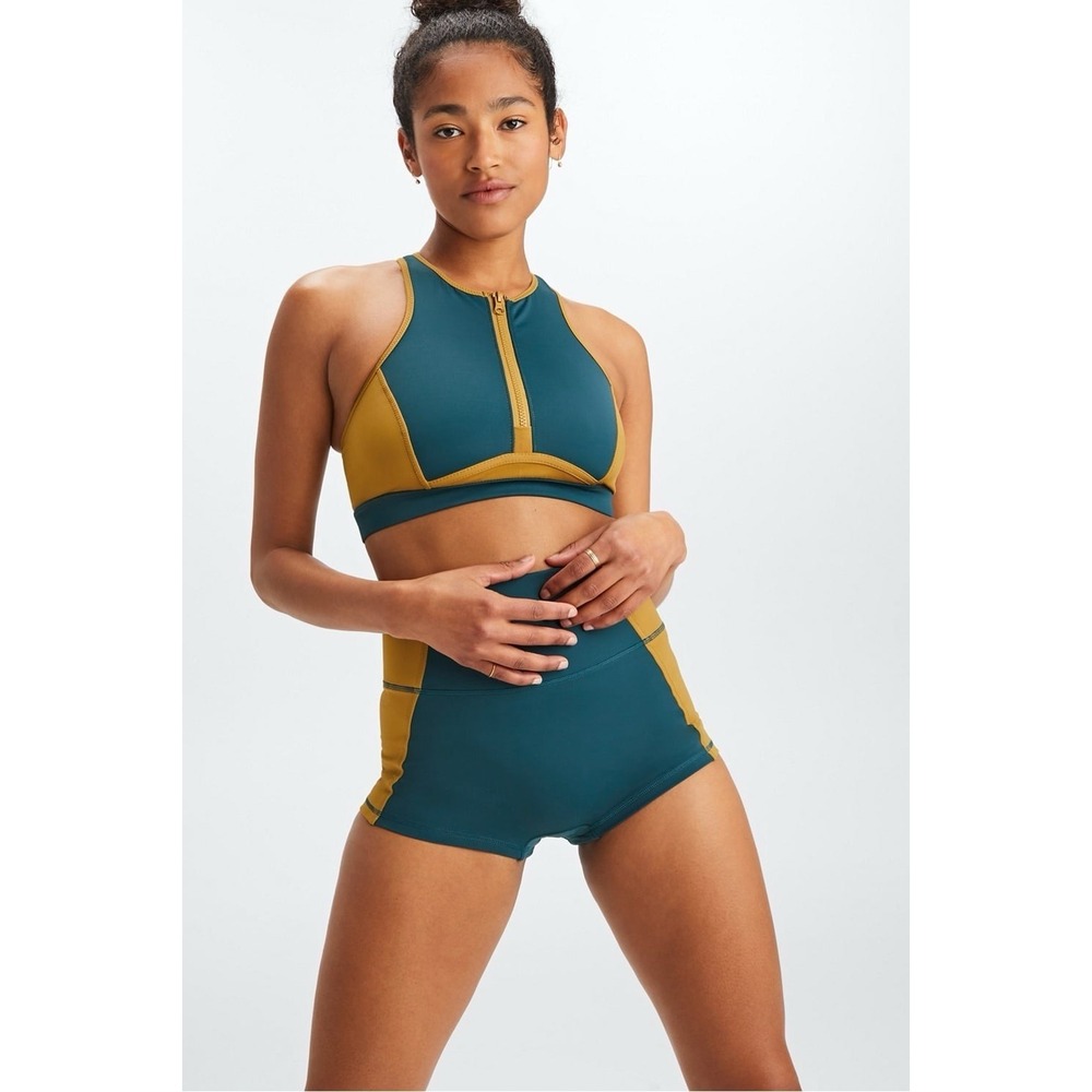 NWT Fabletics Zip Up Midi Swim Top‎ Shorts Set Midnight Wave Green Yellow Small